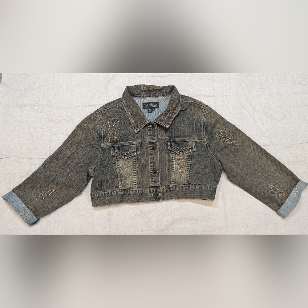 VTG Platinum Plush Women's Denim Jacket XL Sequin Embellished Button Cropped